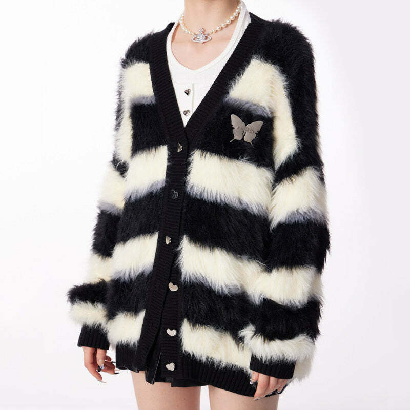 Y2K Striped Fuzzy Butterfly Cardigan - Trendy 2000s Style Layering