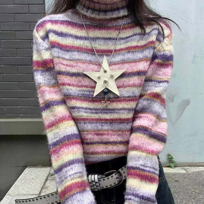 Y2K Striped Turtleneck Sweater - Retro 2000s Style Essential