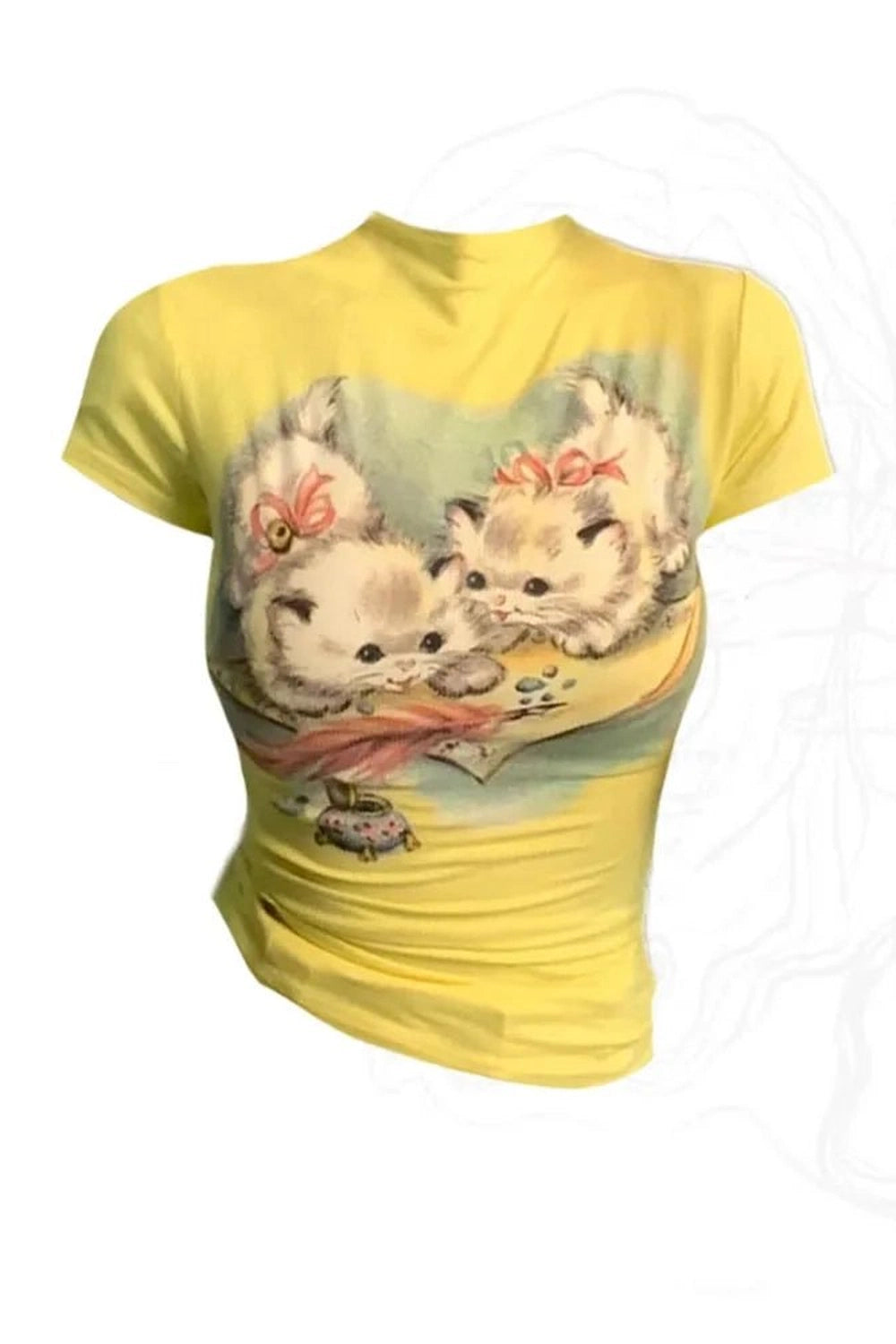 Y2K Vintage Kitten Graphic Top - Retro 2000s Aesthetic Clothing