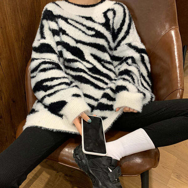 Zebra Print Knit Sweater - Y2K Fashion Essential for 2000s Style Outfits