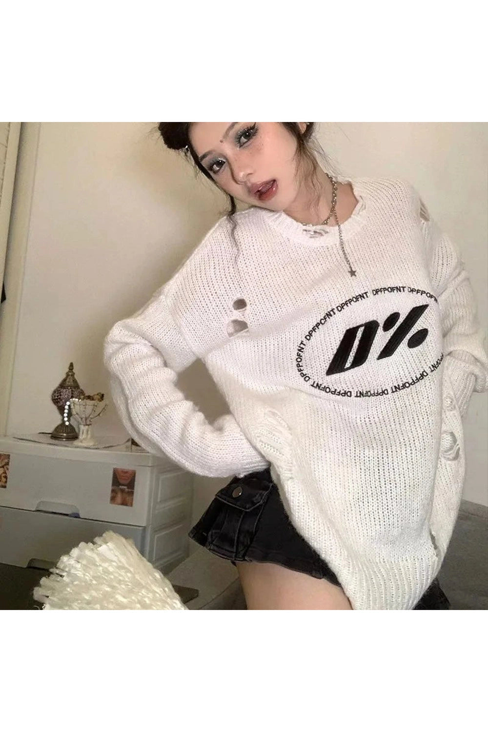 Zero Percent Distressed Sweater - Y2K Fashion Essential for 2000s Style